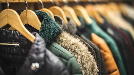 Winter Coats Hanging on Hangers.