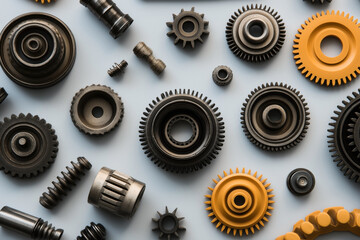 Top view of assorted gears and mechanical parts in various sizes and shapes, arranged on a light background, including metal and yellow plastic gears.