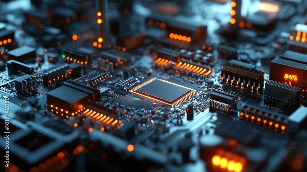 Poster a close-up view of a futuristic circuit board with glowing components under low light at night