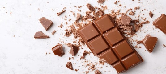 Milk chocolate bar broken into pieces on light marble background, top view, copy space