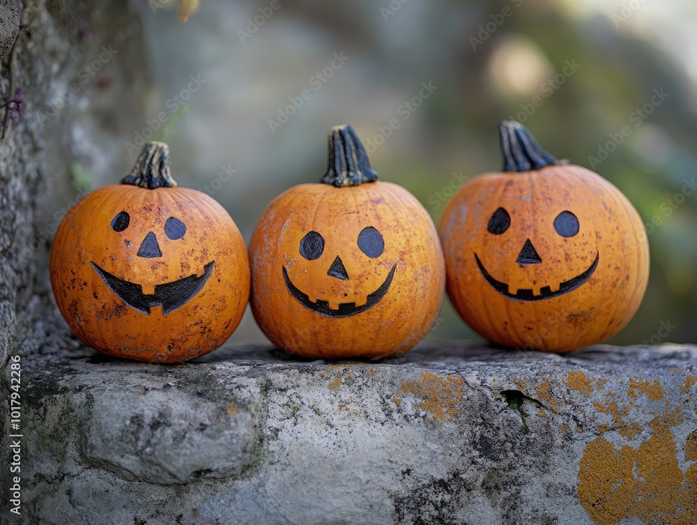 Sticker pumpkins with smiling faces on stone surface showcasing halloween spirit