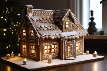 Fototapeta premium generated illustration of luxury gingerbrean house as decoration against christmas tree