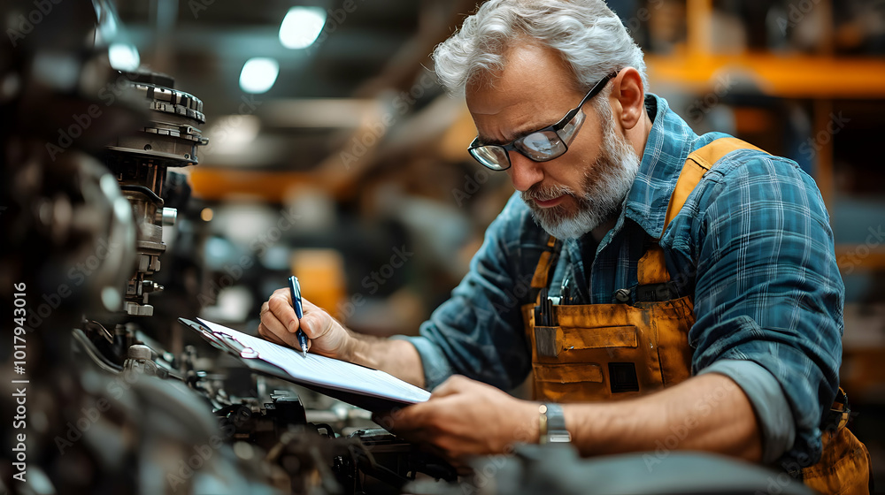 Poster a mechanic inspects machinery while taking notes in a workshop.