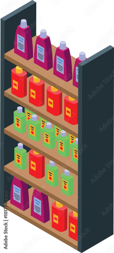 Poster supermarket shelf displaying cleaning products in colorful bottles with an isometric view