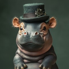 Cute Hippopotamus Wearing a Green Hat   Funny Animal Portrait