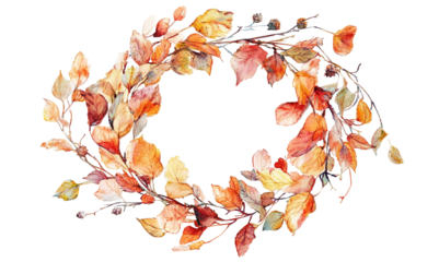Beautiful watercolor clipart of an autumn wreath, elegantly designed on a transparent background