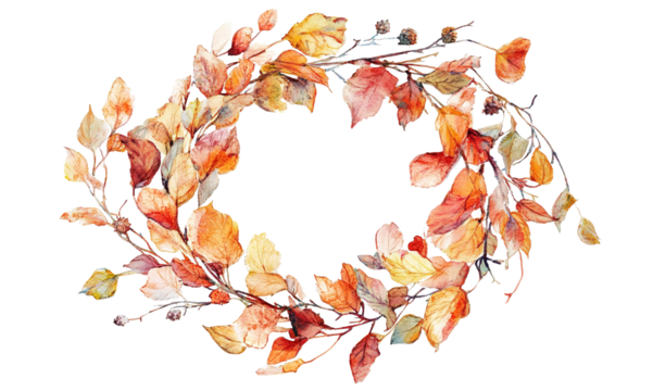 Beautiful watercolor clipart of an autumn wreath, elegantly designed on a transparent background - Powered by Adobe