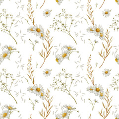 Seamless floral pattern of chamomiles,buds,stems,daisy petals,dried flowers,feverweed on white background in vertical wave direction in soft warm colors for textile, stationery,fashion industry