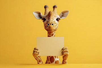 Majestic Giraffe Holding Blank Placard Against Vivid Saffron Surreal Background