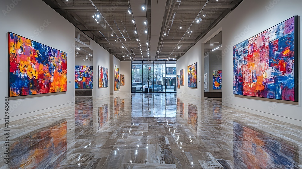 Poster modern art gallery with abstract paintings on display in a large white room with tiled floors.