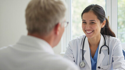 Fototapeta premium Smiling female doctor consulting with patient in medical office setting