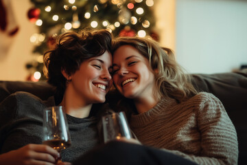 A young, happy lesbian couple celebrating Christmas. Drinking wine on the sofa or couch. 