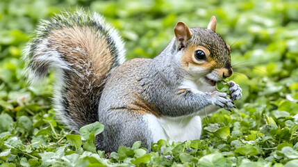 Naklejka premium Grey Squirrel Eating in the Grass.