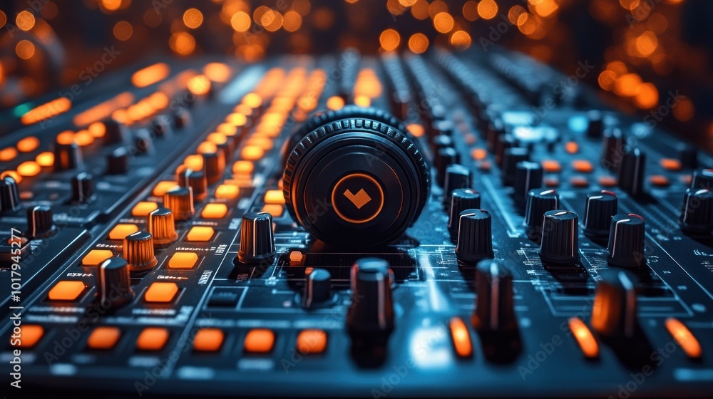 Aufkleber close-up of a music mixing console with illuminated controls.