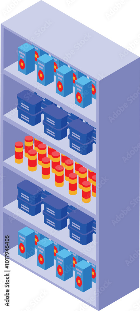 Poster full supermarket shelf displaying products in boxes and cans isometric view isolated on white backgr