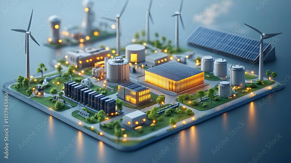 Canvas Prints A miniature model of a renewable energy facility with wind and solar power.