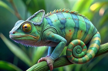 Obraz premium Show a chameleon changing colors on a vibrant green leaf, with intricate details of its skin texture. 