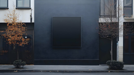 A minimalist black billboard on a gray wall in an urban setting.