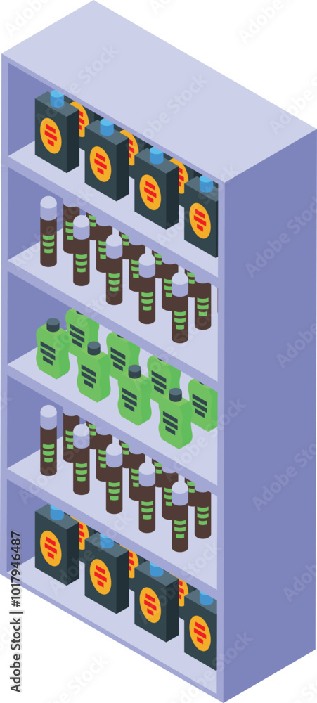 Poster supermarket shelf is displaying various products in bottles and packages, suggesting a wide selectio
