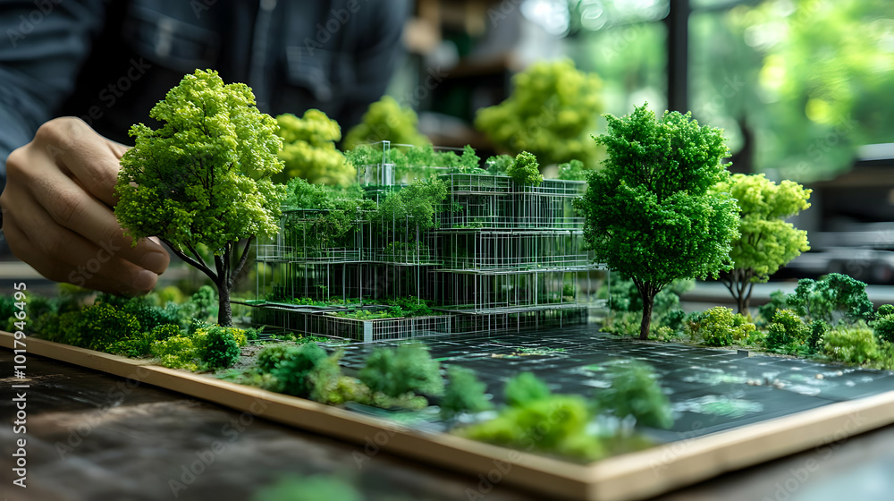 Poster a model showcasing a green architectural design with trees.