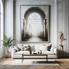 A vintage, weathered coffee table sits next to a white sofa by an arched window, with a large art poster framed on a white wall. The living room features a minimalist, art deco-inspired design