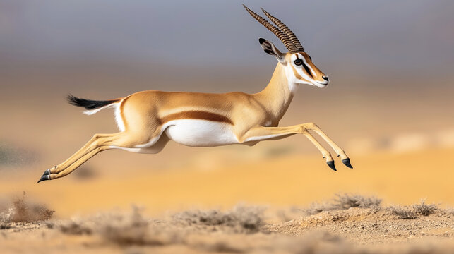 A springbok antelope in mid-leap across a desert landscape with dry bushes, showcasing its agility and speed.