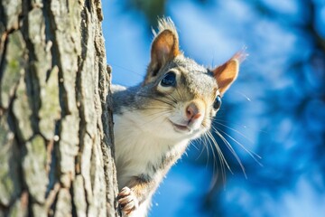 Capture a curious squirrel peeking out from behind a tree trunk, its fluffy tail curled behind it.
