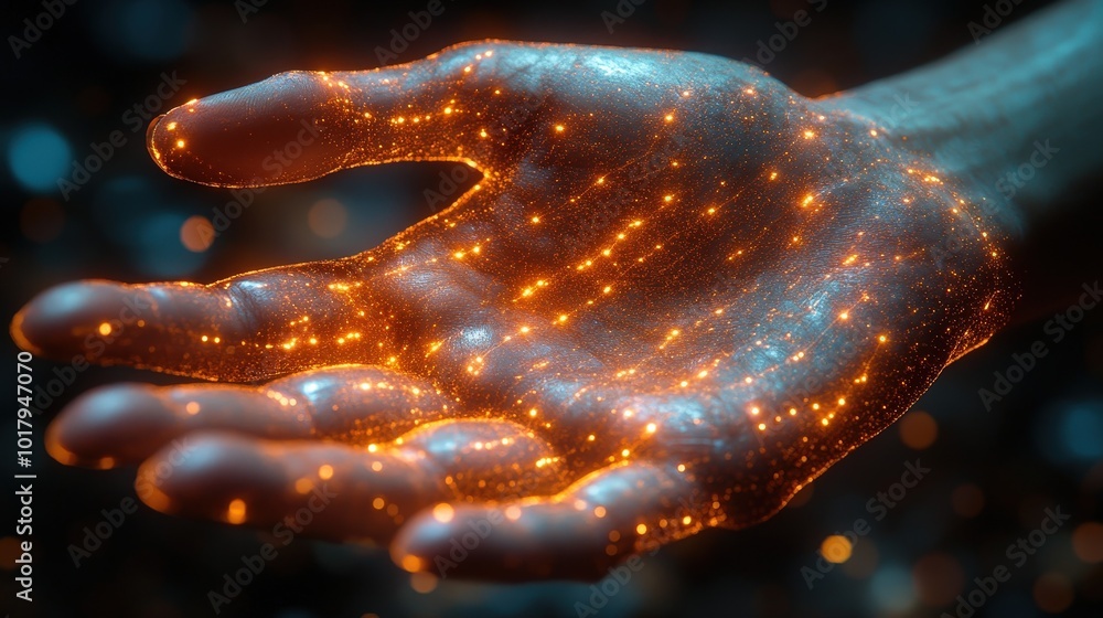 Poster a close-up image of an open hand displaying a mesmerizing array of glowing particles and sparkles, e