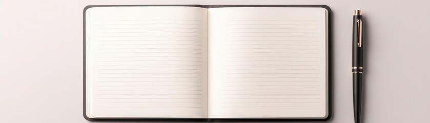 Obraz premium A blank notebook lies open next to a pen, ready for ideas, notes, or sketches. Perfect for creativity and organization.
