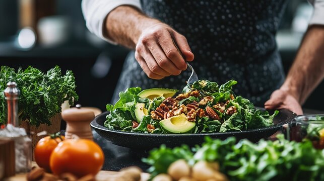 A chef expertly garnishes a fresh salad with greens and nuts in a vibrant kitchen during a culinary preparation session
