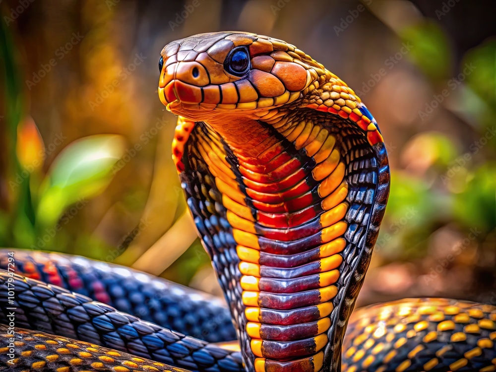 Poster majestic cobra snake displaying its hood in a natural habitat with vibrant colors and intricate patt