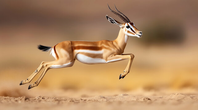 A high-resolution image of a springbok antelope with curved horns in mid-air, leaping across a dry, sandy landscape, highlighting its agility and grace.