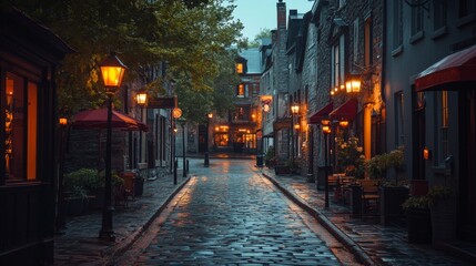 A charming narrow cobblestone street lit by warm lanterns, lined with vintage-style buildings, creating a cozy and inviting evening ambiance full of nostalgia and warmth.