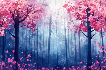 A dreamy forest scene with pink blossom trees and a soft mist creating a serene atmosphere.