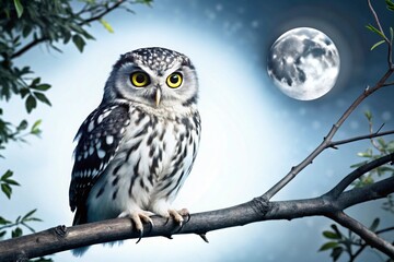 Fototapeta premium Photograph a glowing-eyed owl perched silently on a branch in a dark forest, with moonlight filtering through the leaves. 