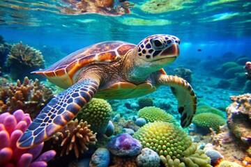 Obraz premium Capture a close-up of a sea turtle gliding gracefully through crystal-clear water, surrounded by colorful coral reefs. 