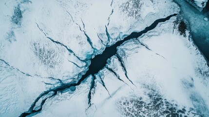 Aerial view of a glacier surrounded by snow, cracks and crevices visible in the ice