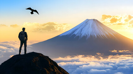 Man Standing on Mountain Peak with View of Mt. Fuji and Flying Bird.