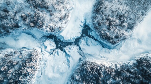 Birds-eye view of a glacier surrounded by snow, cracks and crevices visible in the ice