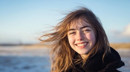 Fototapeta premium young woman with windswept hair, smiling against a backdrop of a winter beach