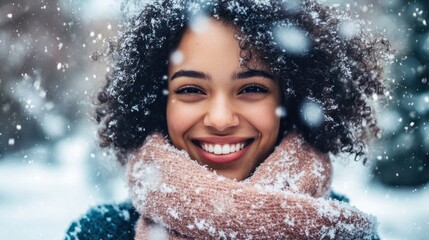 young woman smiling, cold winter, snowflakes falling