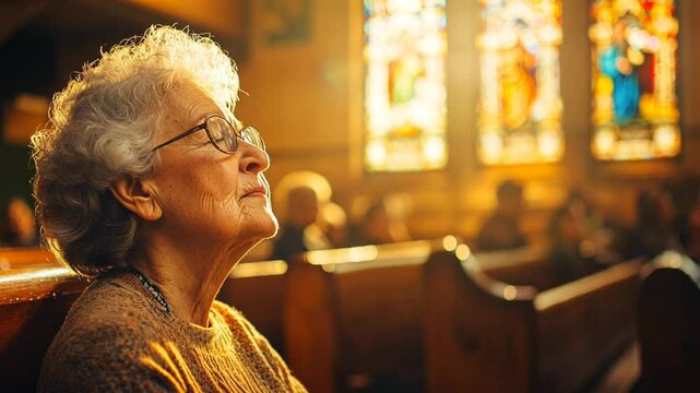 An elderly woman sitting in a church pew