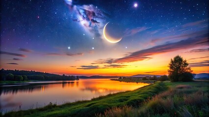 Naklejka premium Majestic crescent moon over a serene landscape illuminated by soft twilight glow and shimmering stars