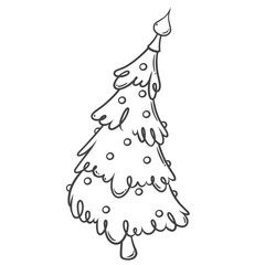 Christmas pine tree with baubles and curve shape line icon. Outline hand drawn fir tree with bend and glass balls. Winter season, celebration mascot, simple Xmas decor icon vector illustration