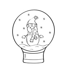 Christmas snowman in a decorated snow glass ball. Vector illustration Christmas glass sphere doodle icon. Isolated on white.