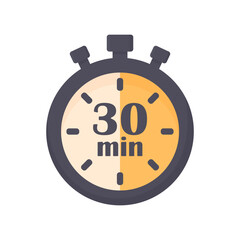 Timer with 30 minutes in cartoon style on white background isolated. Fast delivery symbol. Time limit sign. Beautiful timer.