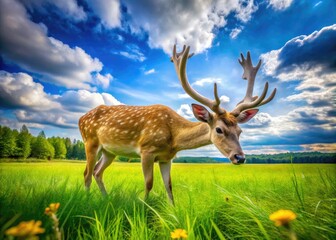 Majestic Deer Grazing in a Lush Green Meadow Under a Bright Blue Sky on a Sunny Day