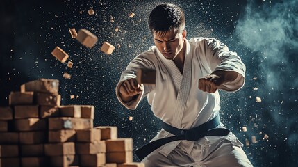 A man in a karate uniform breaks bricks.