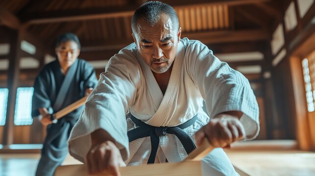 A man in a white karate uniform with a black belt breaks a wooden board with a strike. - Powered by Adobe