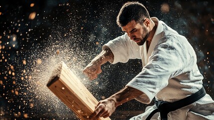 A karateka with a black belt breaks a wooden board with a powerful punch.